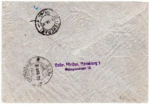 DR 1938, MeF 3x25 Pf. m. perfins auf Luftpost Einschreiben Brief v. Hamburg 