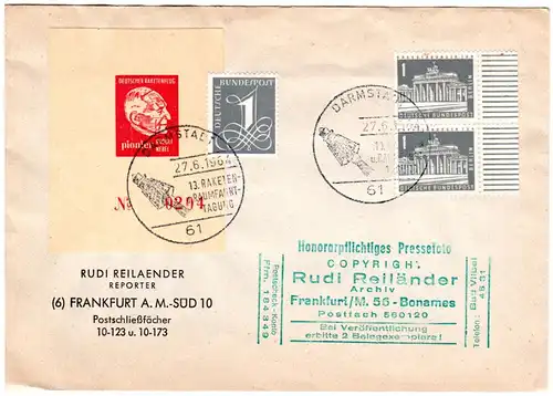 BRD 1964, Raumfahrttagung Darmstadt, Brief m. Vignette u. Sonsderstempel
