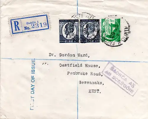 Irland Eire, 2x2 1/2d on regd. FDC from Dublin 29.VIII.44, together with 1/2d 