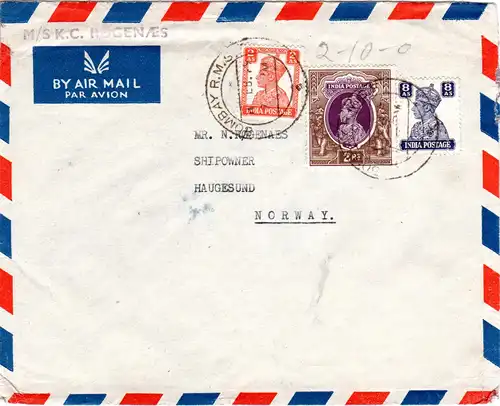 Indien 1949, 2 Rp.+2+8 As.auf Luftpost Brief v. Bombay n. Norwegen m. Schiffstpl