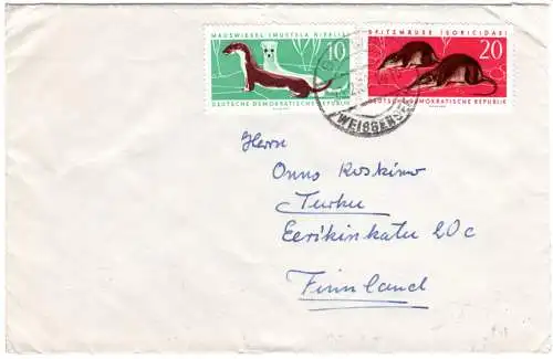 DDR 1962, 10+20 Pf. geschützte Tiere auf Brief v. Berlin n. Finnland.