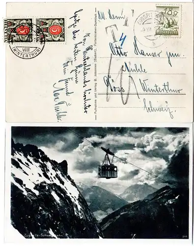 Österreich 1928, 18 G. auf AK m. Stpl. ZUGSPITZBAHN u. 2 Schweiz Portomarken