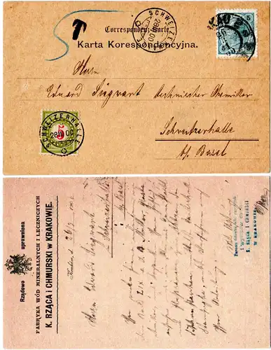 Österreich Polen 1900, 5 H. auf Krakau Mineralwasser Karte m Schweiz Portomarke