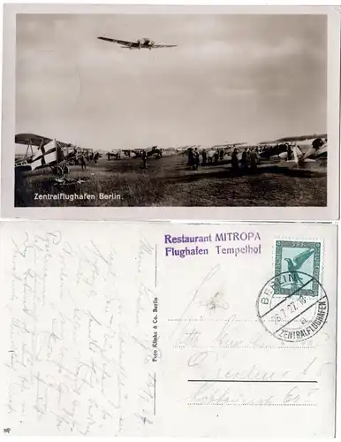 Berlin Zentralflughafen Tempelhof m. Flugzeugen u. Personen, 1927 gebr. sw-AK