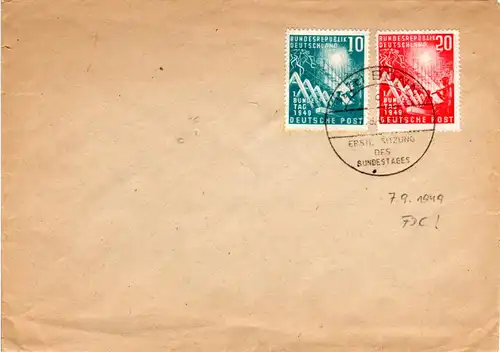 BRD 111/112 auf Brief m. Ersttagsstempel Bonn 7.9.1949. FDC!