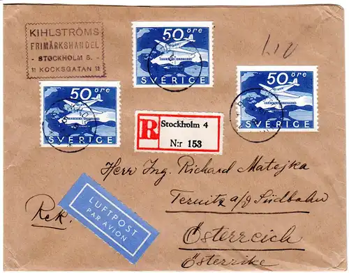 Schweden 1936, MeF 3x 50 öre Flughafen Bromma auf Luftpost R-Brief n. Österreich