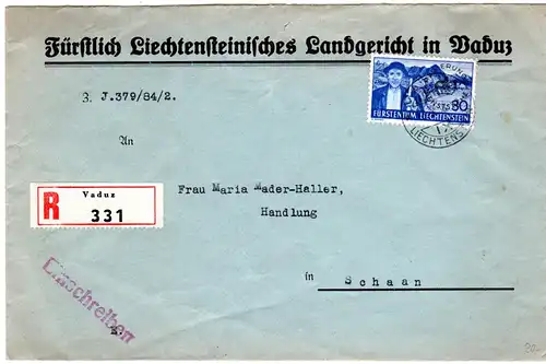 Liechtenstein 1938, EF 30 Rp. Dienst auf Einschreiben Brief v.Vaduz n. Schaan.