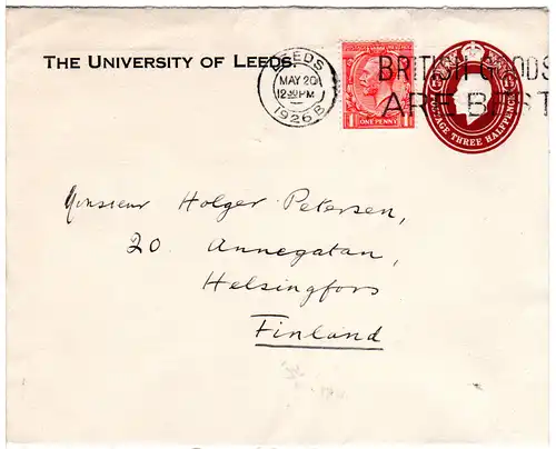 GB 1926, 1d auf 1 1/2d Ganzsache Brief The University Of Leeds n. Finnland