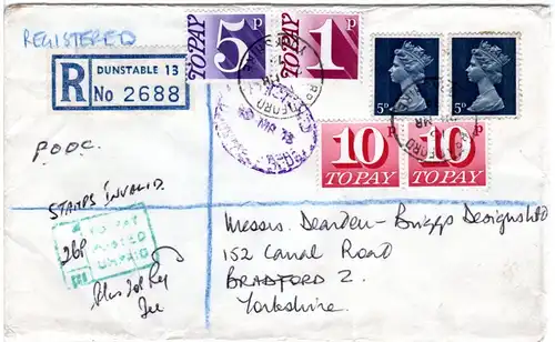 GB 1973, 2x5d auf Einschreiben Brief v. Dunstable n. Bradford m.3 Portomarken