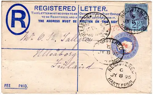 GB 1895, 2 1/2d Zusatzfr. auf 2d Reko Ga-Umschlag v. Hartlepool n. Finnland.