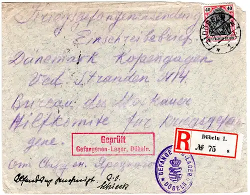 DR 1915, 40 Pf. Germania auf KGF Reko Zensur Brief v. Lager Döbeln n. Dänemark