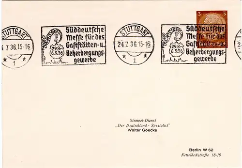 DR, 3 Pf. Privatganzsachenkarte Stempeldienst W. Goecks m. Werbestpl. Stuttgart