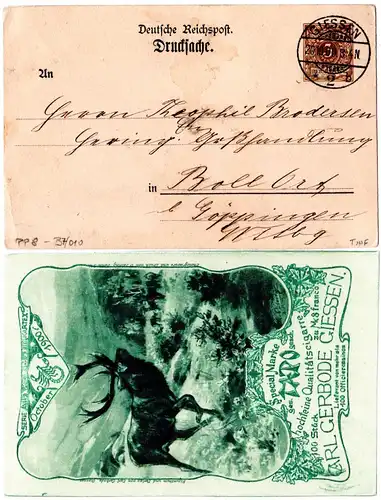 DR 1900, gebr. 3 Pf. Reichspost Privatganzsachenkarte Zigarren Gerbode Giessen.