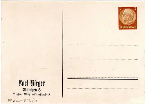 DR, ungebr. 3 Pf. Hindenburg Privatganzsachenkarte Karl Rieger München 8