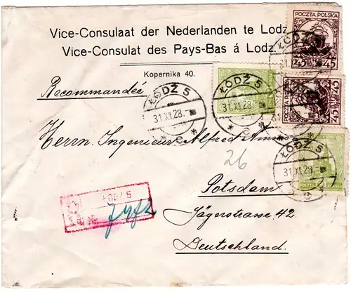 Polen 1928, 2x45+2x5 Gr. auf Reko Konsulats-Brief v. Lodz n. Deutschland