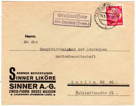 DR 1936, Landpost Stpl. GROSSMASSOW über Lauenburg (Pomm.) auf Brief m. 12 Pf.