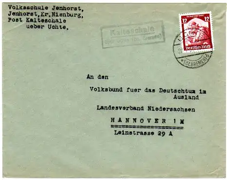 DR 1935, Landpost Stpl. KALTESCHALE über Uchte (Bz. Bremen) auf Brief m. 12 Pf.