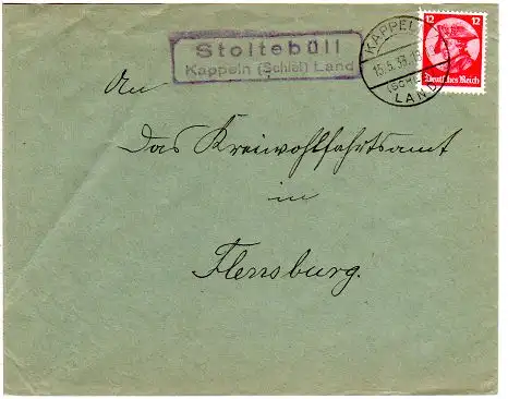 DR 1933, Landpost Stpl. STOLTEBÜLL über Kappeln (Schlei) auf Brief m. 12 Pf.