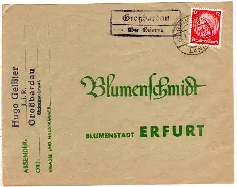 DR 1936, Landpost Stpl. GROSSBARDAU über Grimma auf Brief m. 12 Pf.