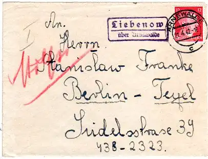 DR 1942, Landpost Stpl. LIEBENOW über Arnswalde auf Brief m. 12 Pf.