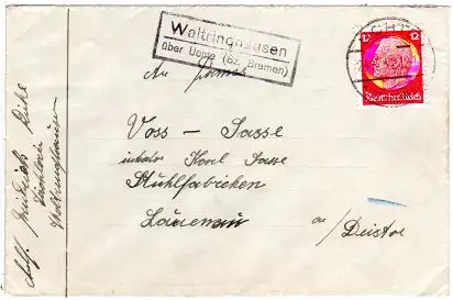 DR 1934, Landpost Stpl WALTRINGHAUSEN über Uchte (Bz. Bremen) auf Brief m. 12 Pf