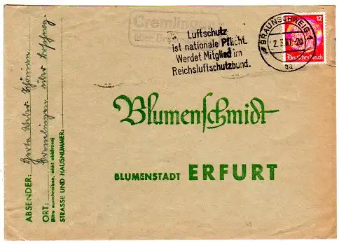 DR 1937, Landpost Stpl. CREMLINGEN über Braunschweig auf Brief m. 12 Pf.
