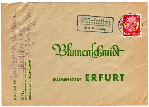 DR 1937, Landpost Stpl. MÖNSTETTEN über Günzburg auf Brief m. 12 Pf.