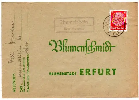 DR 1937, Landpost Stpl. AMMELSHAIN über Grimma auf Brief m. 12 Pf.