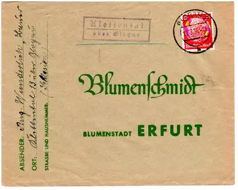 DR 1936, Landpost Stpl. KLETTENTAL über Glogau auf Brief m. 12 Pf.