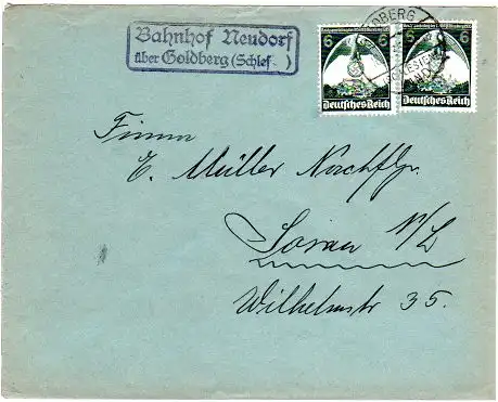 DR 1936, Landpost Stpl. BAHNHOF NEUDORF über Goldberg auf Brief m. 2x6 Pf.