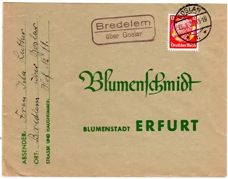 DR 1936, Landpost Stpl. BREDELEM über Goslar auf Brief m. 12 Pf.