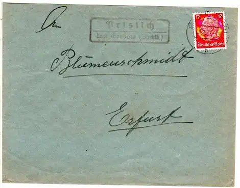 DR 1937, Landpost Stpl. PRISLICH über Grabow auf Brief m. 12 Pf.