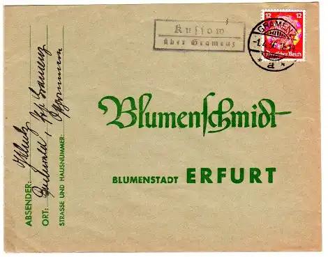 DR 1936, Landpost Stpl. KUSSOW über Gramenz auf Brief m. 12 Pf.