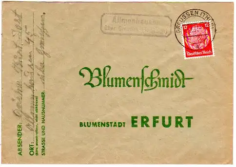 DR 1937, Landpost Stpl. ALLMENHAUSEN über Greussen auf Brief m. 12 Pf.