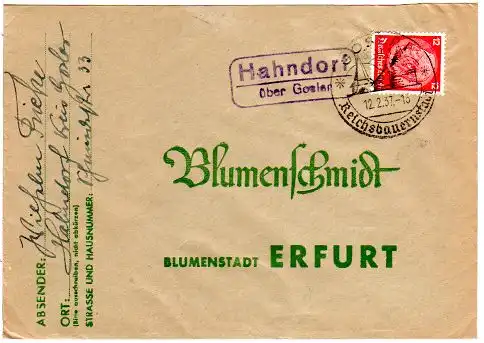 DR 1937, Landpost Stpl. HAHNDORF über Goslar auf Brief m. 12 Pf.