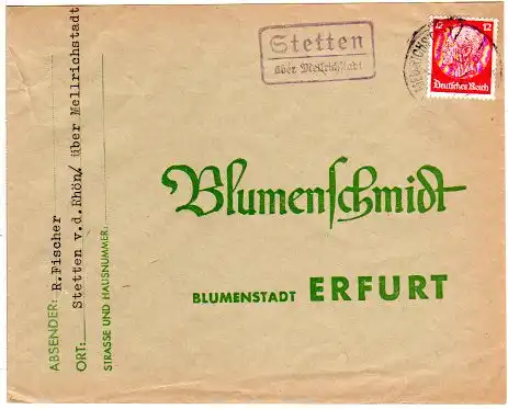 DR 1934, Landpost Stpl. Stetten über Mellrichstadt auf Brief m. 12 Pf.