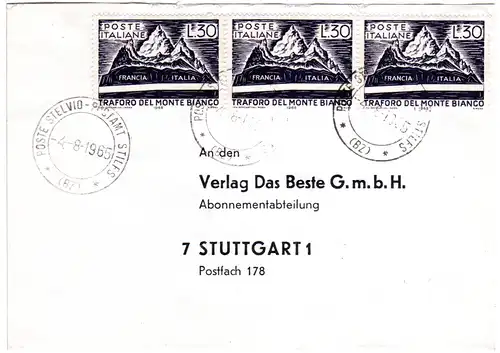 Italien 1965, MeF 3x30 L. Mont Blanc Tunnel auf Brief v. Stelvio Stilfs n. Dt.