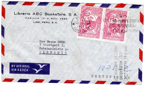 Peru 1965, MeF 2x3 S. Tabak auf Luftpost Brief v. Lima n. Deutschland