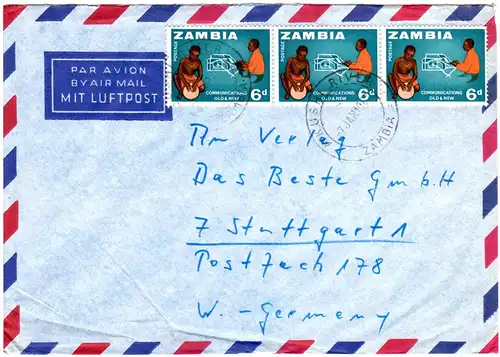 Zambia 1965, MeF 3x6d Kommunikation auf Luftpost Brief v. Mkushi n. Deutschland