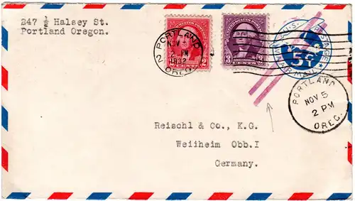 USA 1932, 2+3 C. on 5 C. stationery cover with 2-line Air Mail annulation cancel