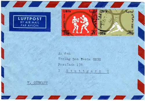 Libyen 1965, 20 u. 35 M. Sport auf Luftpost Brief v. Benghazi n. Deutschland