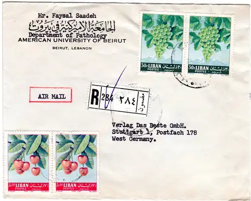 Libanon 1962, je Paar 7,50+30 P. Obst/Früchte auf Reko Luftpost Brief v. Beirut