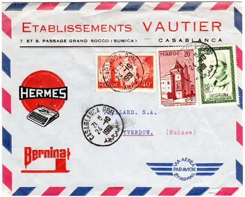 Marokko 1961, 3 Marken auf Reklame Luftpost Umschlag v. Casablanca i.d. Schweiz