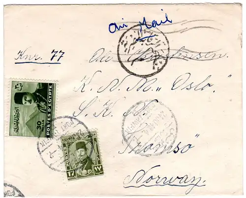 Ägypten 1948, 17+30 M. auf Luftpost Zensur Brief v. Port Tewfik n. Norwegen