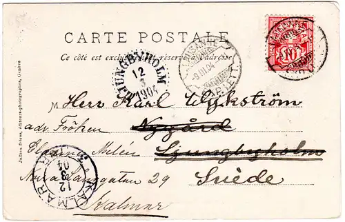 Schweiz 1904, 10 C. auf AK m. Lausanne Rasierklingenstpl. n. Schweden. 