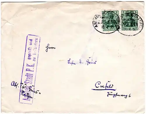 DR 1916, 2x5 Pf. Germania auf Zensur Brief m. Bahnpost Aachen-St. Vith (Eifel).