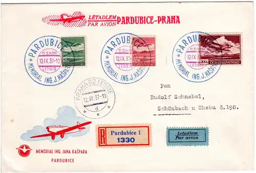 Tschechoslowakei 1937, 3+1 K.+50 H. auf Reko Erstflug Brief Pardubice-Prag