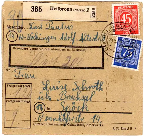 1948, 45+75 Pf. auf Wert-Paketkarte v. Heibronn-Böckingen