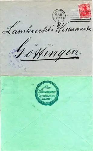 DR 1916, 10 Pf. Germania auf Firmen Brief m. Aachen Zensur n. Göttingen