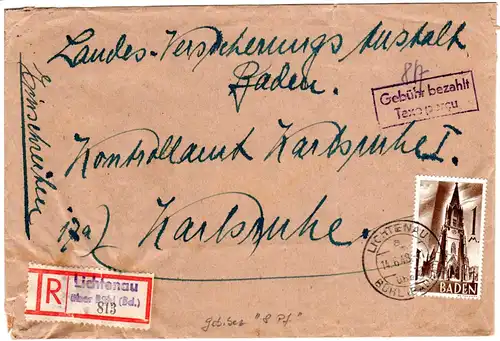 Baden 1948, 1 Mk.+Gebühr bezahlt 8 Pf. auf Einschreiben Brief v. Lichtenau